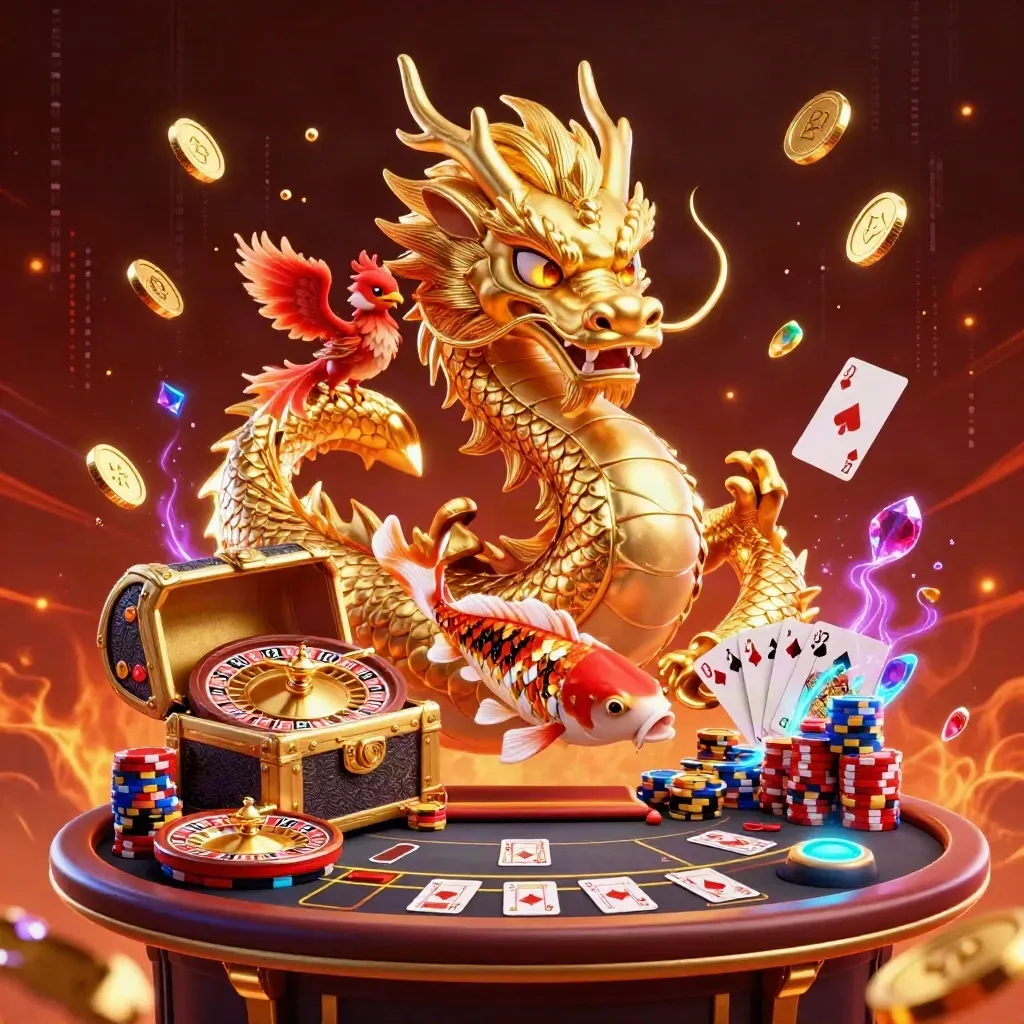 Golden dragon, phoenix, koi, chips, cards, roulette, and neon casino luxury glow together.