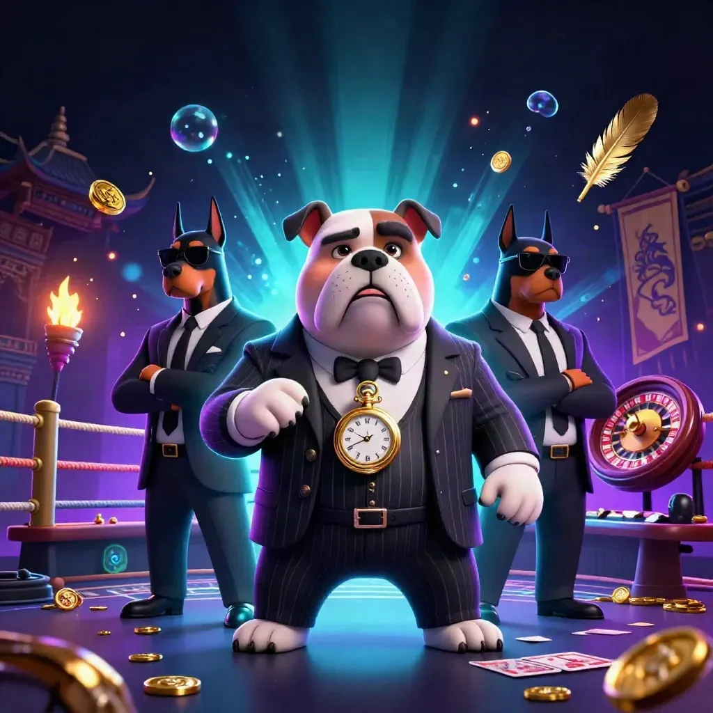 Mafia bulldog and Dobermans in neon casino glow, with temple gate, rope ring, coins, and cyan-purple effects.