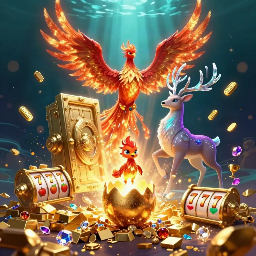 Phoenix, baby hatchling and crystal-antler stag amid treasure vault burst and casino gems.