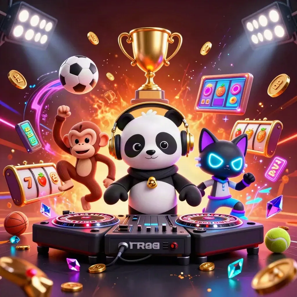 DJ panda, breakdancing monkey, and glow-stick kitten amid neon casino loot and sports energy