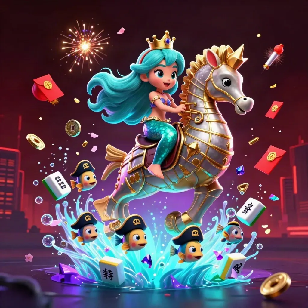 Mermaid princess on armored seahorse amid pirate fish, lanterns, coins and cyan glow.
