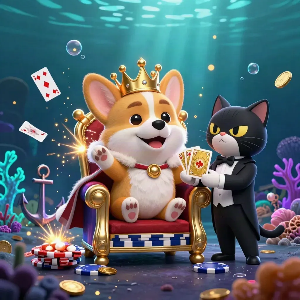 Royal corgi king and cat butler in an underwater treasure cove with coins, coral, cards, and glowing light.