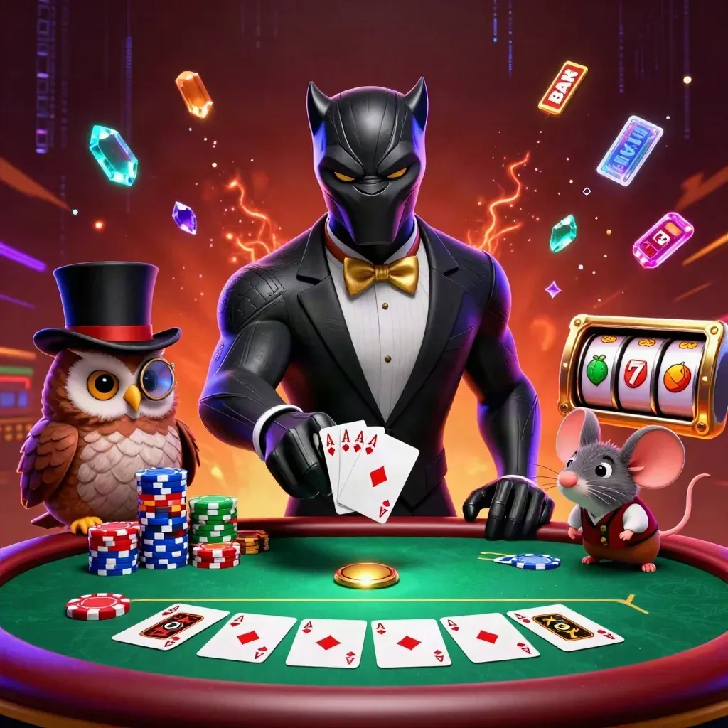 Panther, owl, and mouse at a neon poker table with chips, cards, and gems bursting