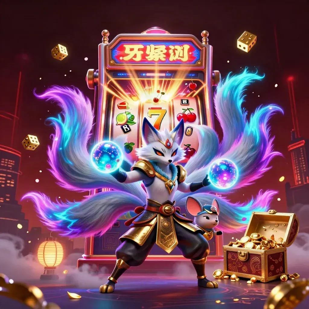 Nine-tailed fox spirit and armored mouse amid bursting slots, gems, and neon casino magic.