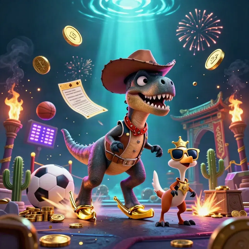 Cowboy T-Rex, cactus sidekick, and roadrunner burst through neon casino treasure and fireworks.