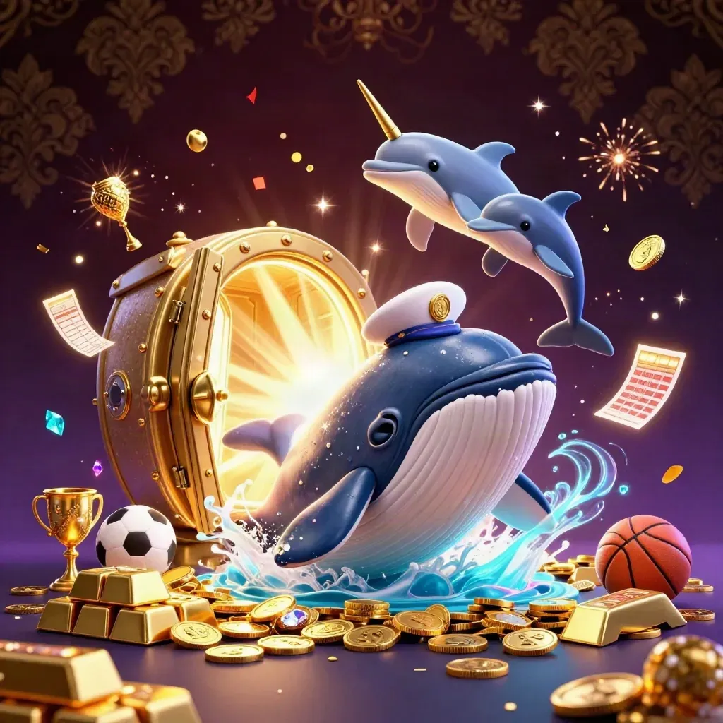Whale captain, narwhal, and dolphins burst through coins in a luxury casino celebration scene.