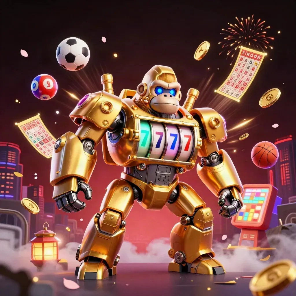 Golden gorilla mech bursts coins, lottery balls, and fireworks in a neon esports casino scene.