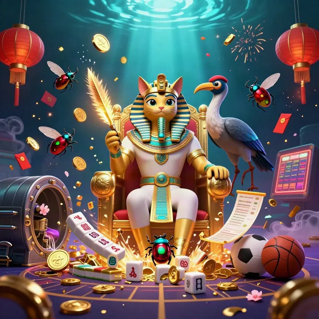 Pharaoh cat, ibis scribe and scarabs amid casino treasure, coins and fireworks.