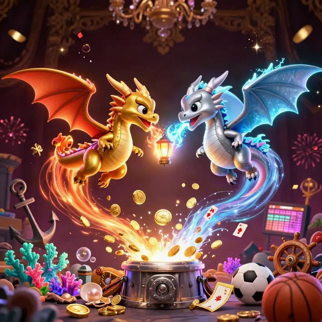 Twin gold and silver dragons swirl with treasure coins, coral, fireworks, and casino symbols in a luxe dark scene.