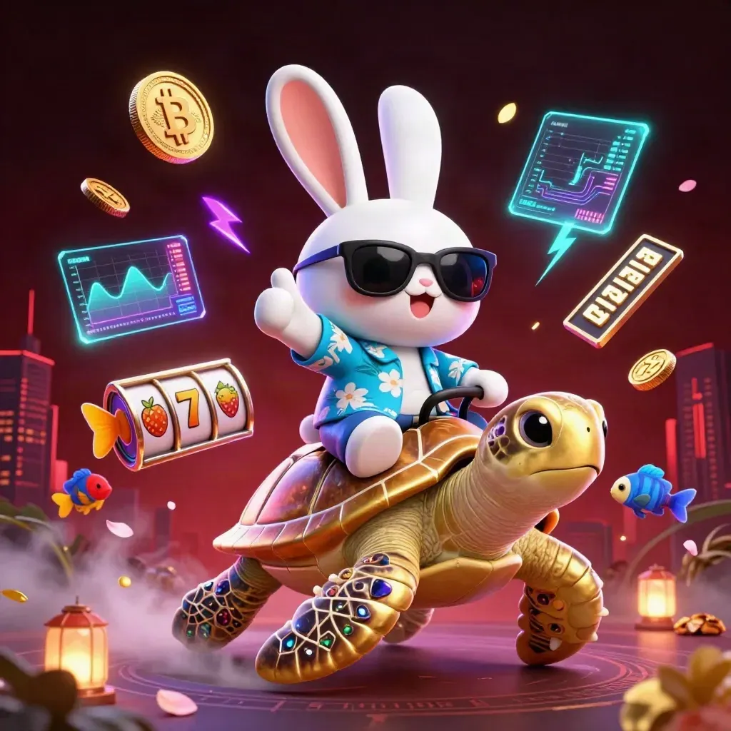 Lucky rabbit rides a gem turtle amid neon coins, reels, lightning, and casino glow.