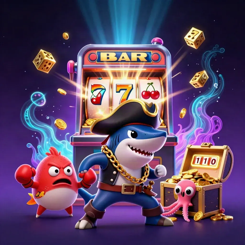 Shark pirate, boxing pufferfish, and coin-juggling octopus amid a bursting slot machine