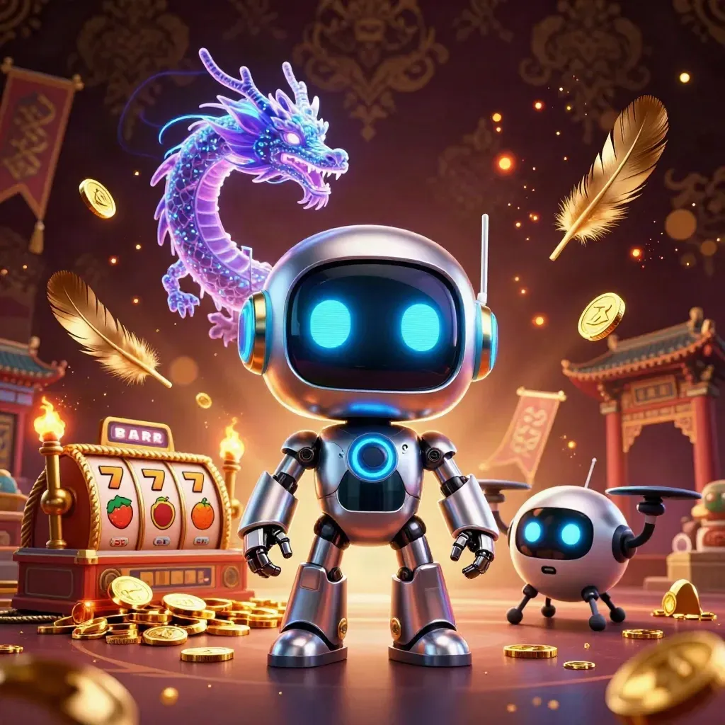 Cyberpunk robot, holographic dragon, and coin drone amid casino loot in a dark luxe scene