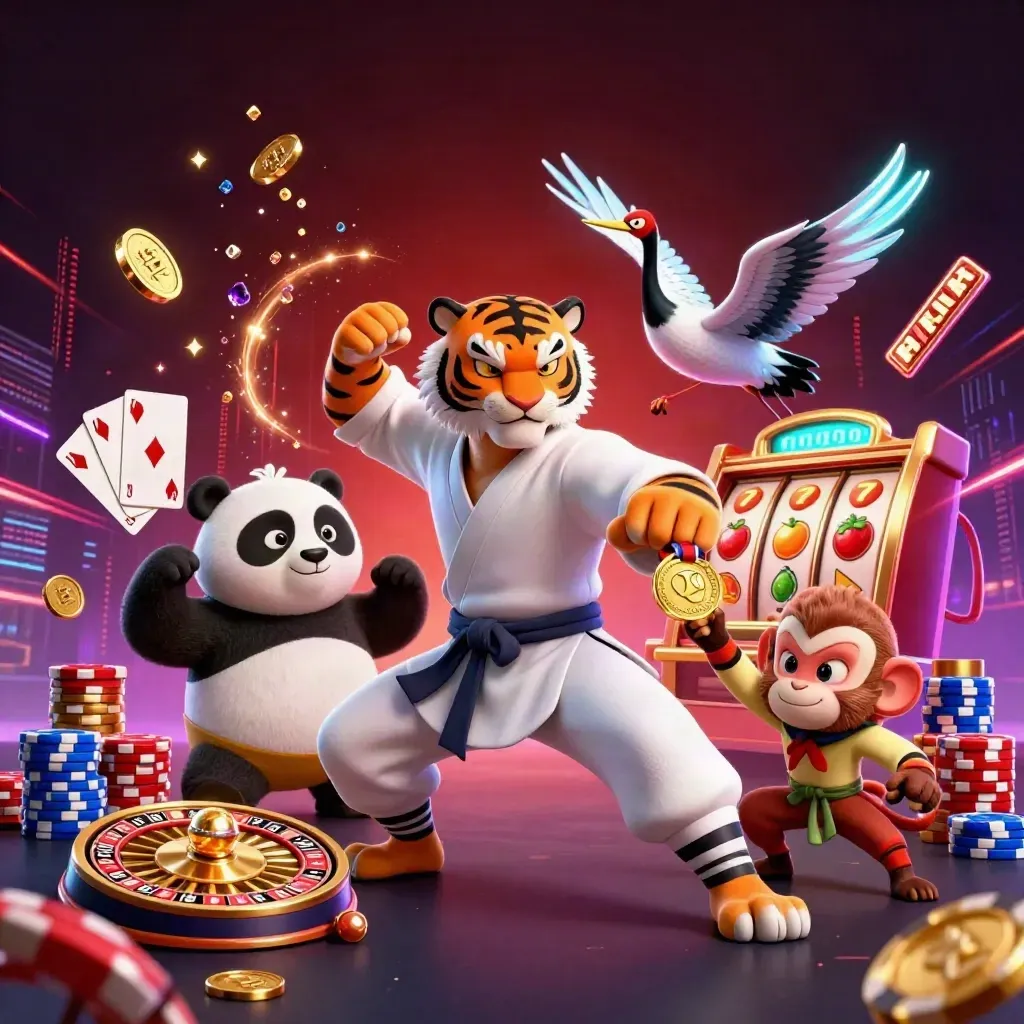 Tiger, panda, and monkey in a neon casino action scene with chips, coins, and spinning reels.