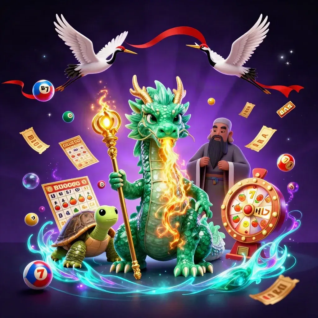 Emerald dragon, turtle sage, and cranes amid casino icons, fire, ribbons, and purple-cyan glow.