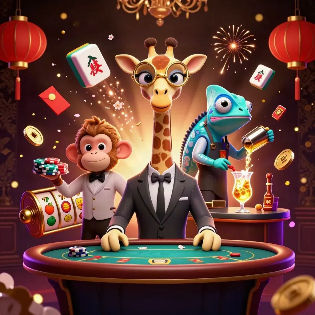 Suit-clad giraffe, monkey valet, and chameleon bartender amid casino magic and neon loot.