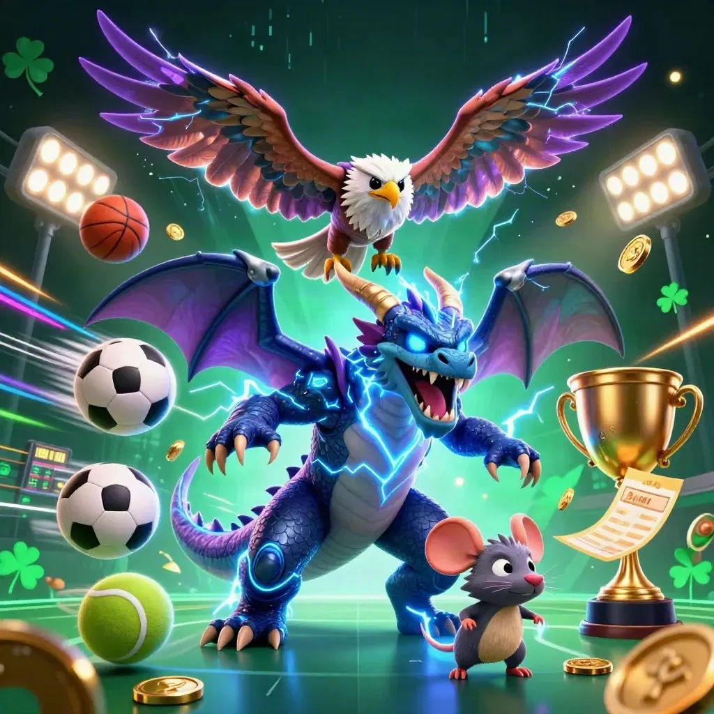 Thunder dragon, wind hawk, and static mouse amid casino rewards and neon sports energy.