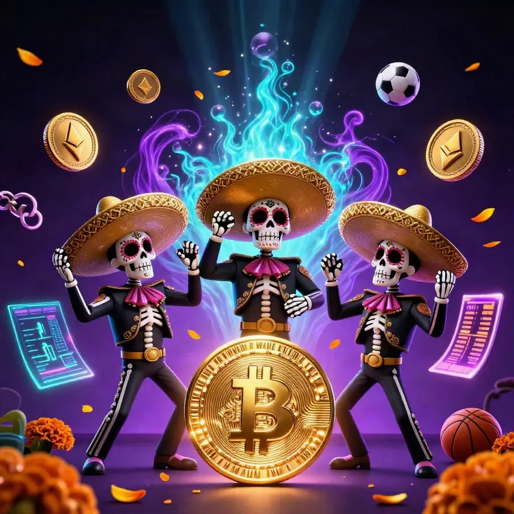 Day-of-the-Dead skeleton mariachi trio with gold casino glow, coins, and neon esports effects