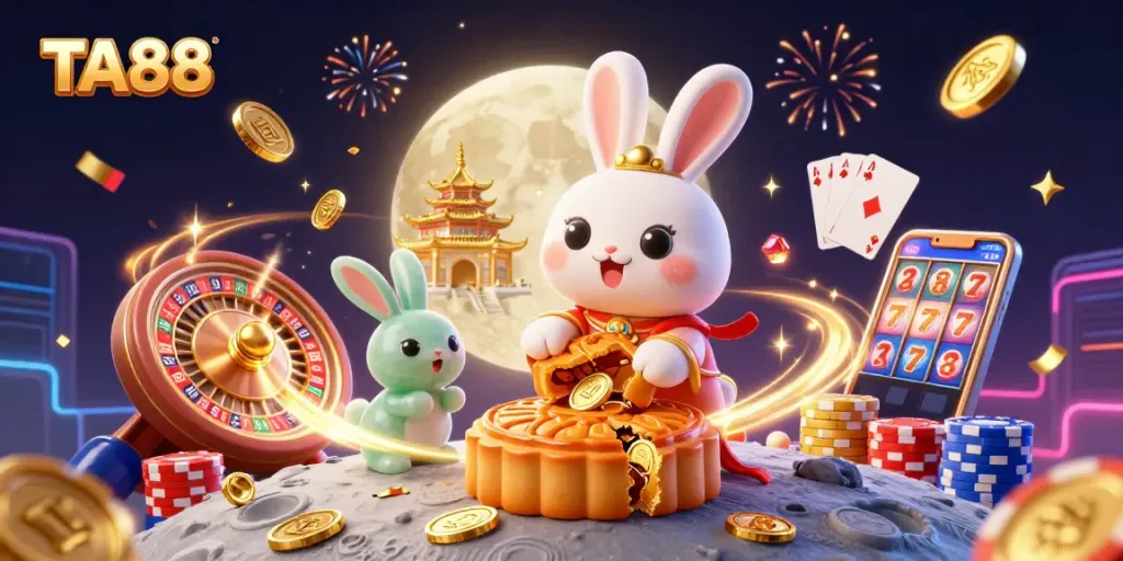 TA88 features an energetic moon rabbit scene with poker chips as mooncakes crack open, set in a vibrant casino background.