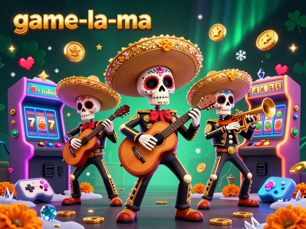 Experience the vibrant world of game-la-ma through a lively mariachi band scene enriched with colorful gaming elements.