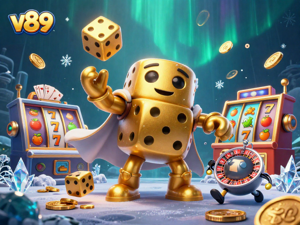 Mainkan slot gacor v89 dengan penggambaran ilustrasi 3D menarik, gulung dadu emas dan simbol keberuntungan.