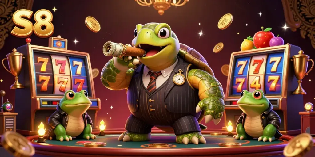 Join the S8 casino scene with a turtle mobster and bullfrog enforcers amid vibrant slot reels.