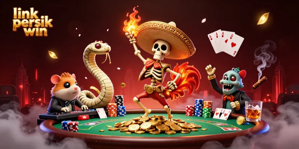 Bergembira dengan permainan poker di link persik win yang menampilkan karakter kartun kasino.