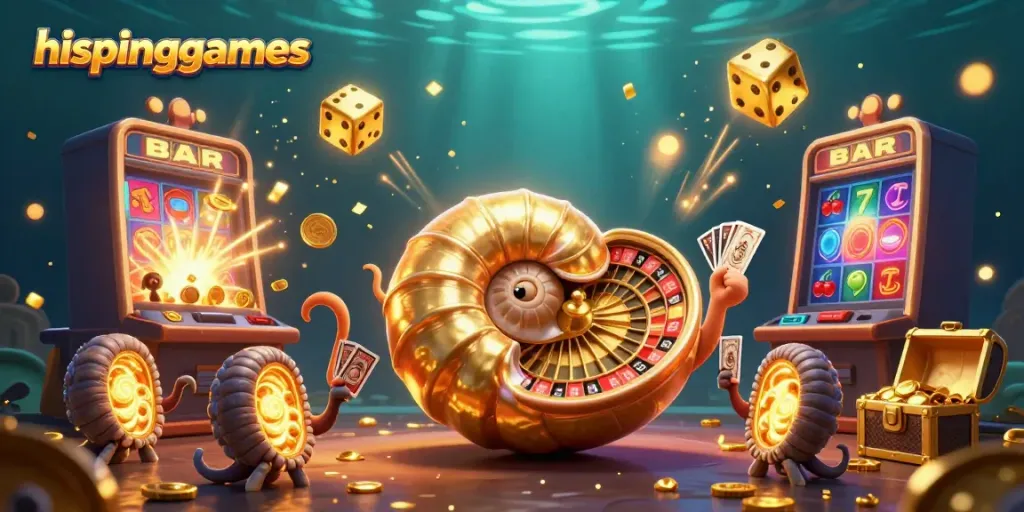 Engage with the vibrant action of hispingames in this stunning 3D casino scene featuring exciting games and characters.