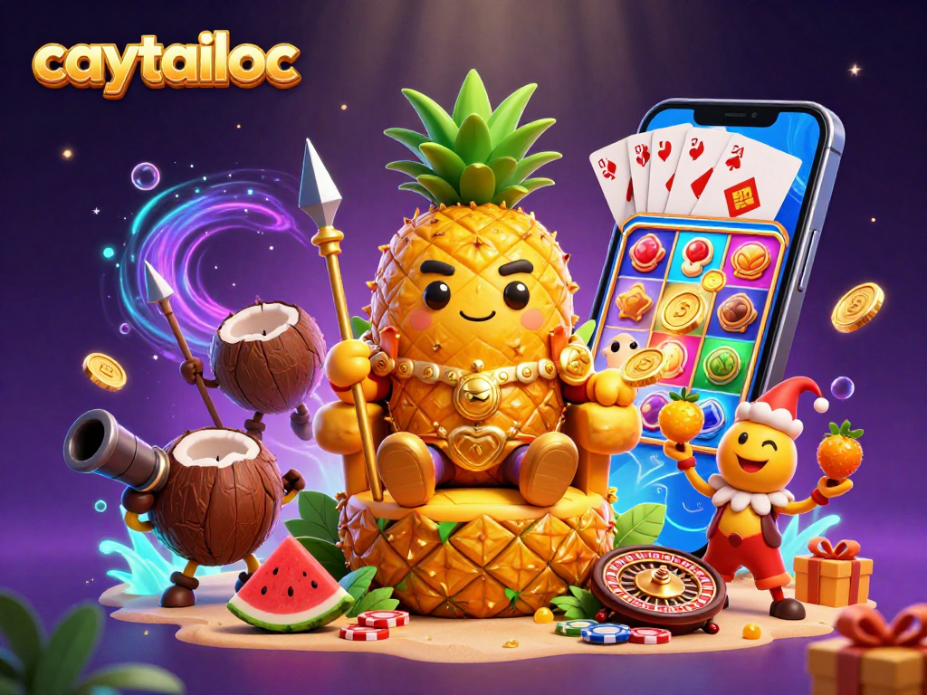 Caytailoc showcases a vibrant scene with a golden pineapple king and slot game elements, highlighting a thrilling casino atmosphere.