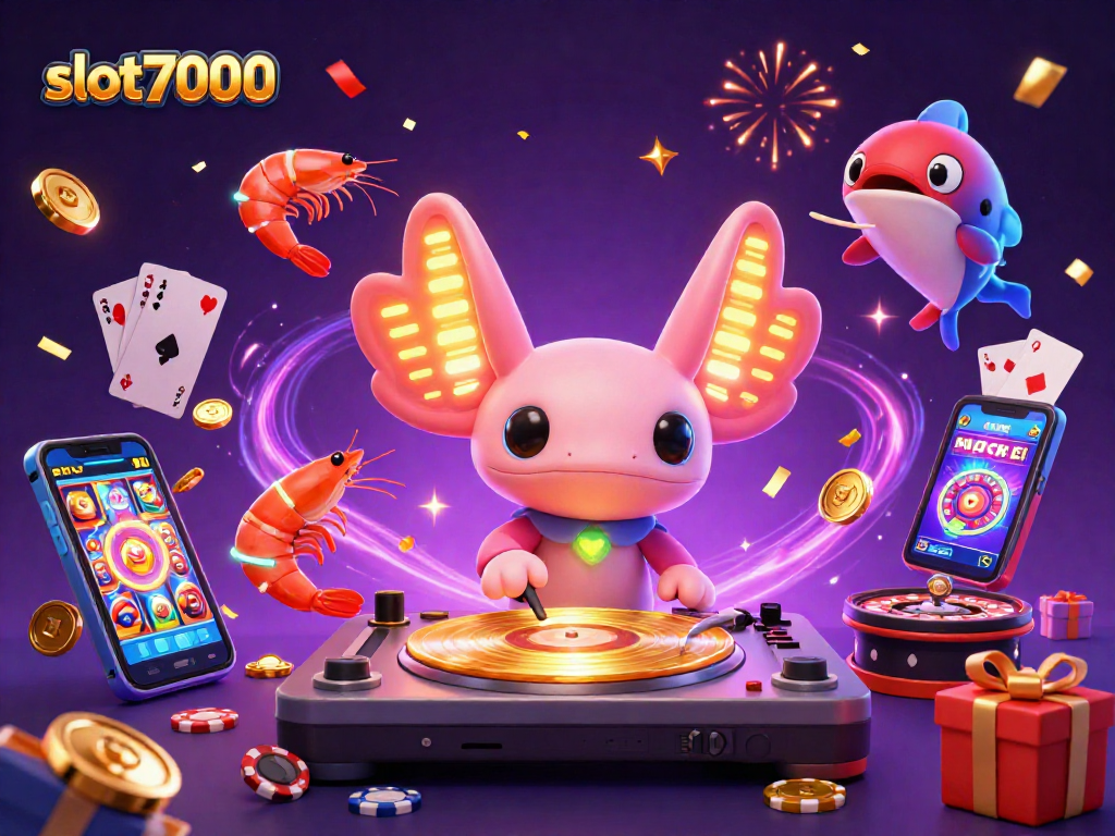 Mengalami slot7000 dalam ilustrasi 3D dengan DJ axolotl berwarna neon dan permainan slot interaktif.
