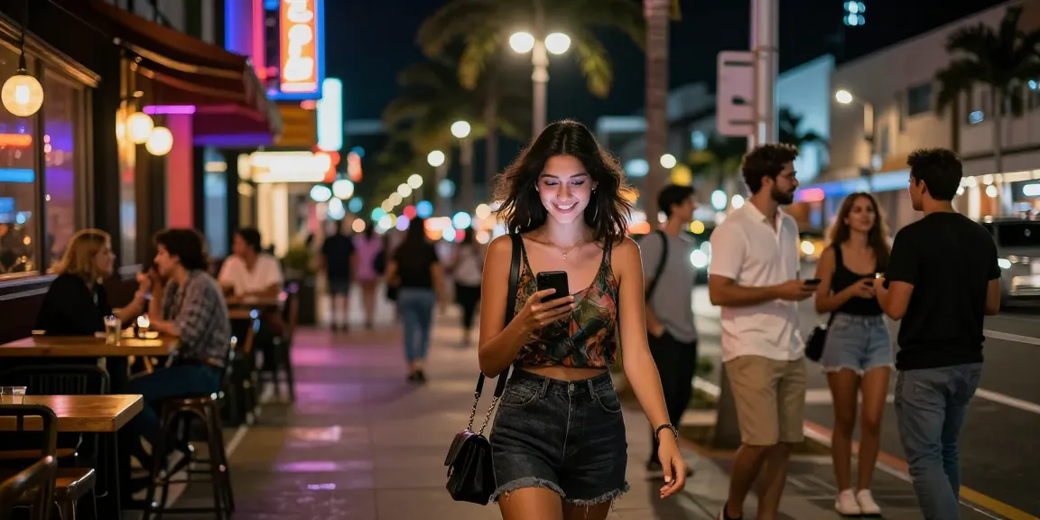 Hình ảnh gái gọi đi bộ trên phố đông đúc với ánh đèn neon rực rỡ.