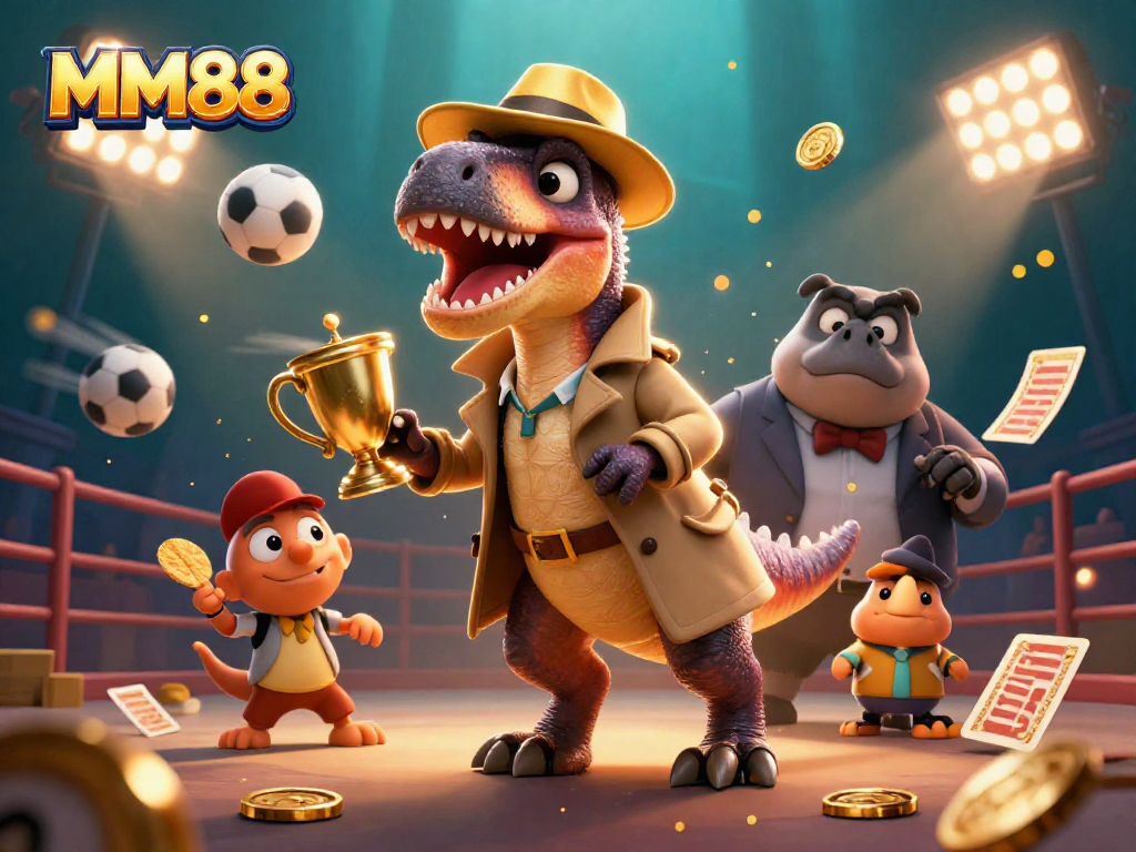Experience the thrill of MM88 cockfighting with a velociraptor card counter and a stegosaurus pit boss.