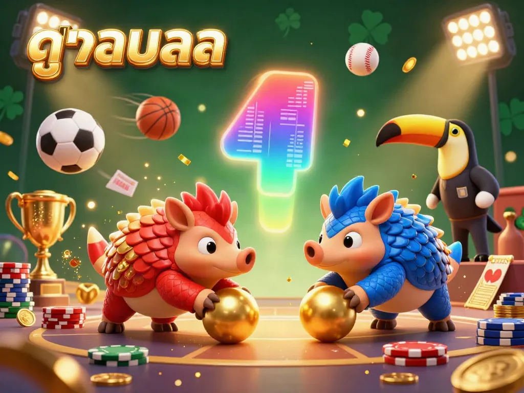 Experience the excitement of ดูบอลสด with animated pangolins bowling through golden poker chips in this vibrant scene.
