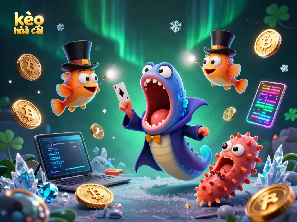 Engage with kèo nhà cái in a vibrant casino scene featuring a gulper eel magician amidst neon bitcoins and dynamic elements.