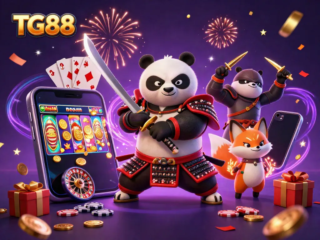 Experience the excitement of TG88 with a vibrant 3D samurai panda and dynamic gaming elements.