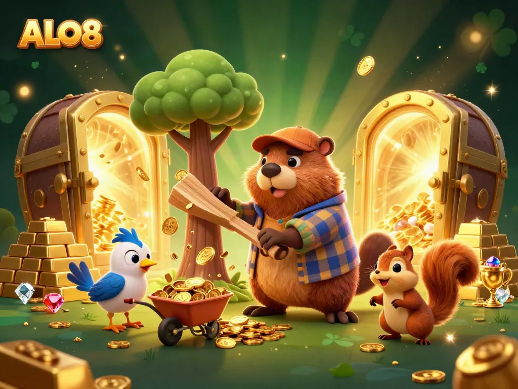 Join ALO8's thrilling adventure with cartoon characters gathering coins in a vibrant casino scene.
