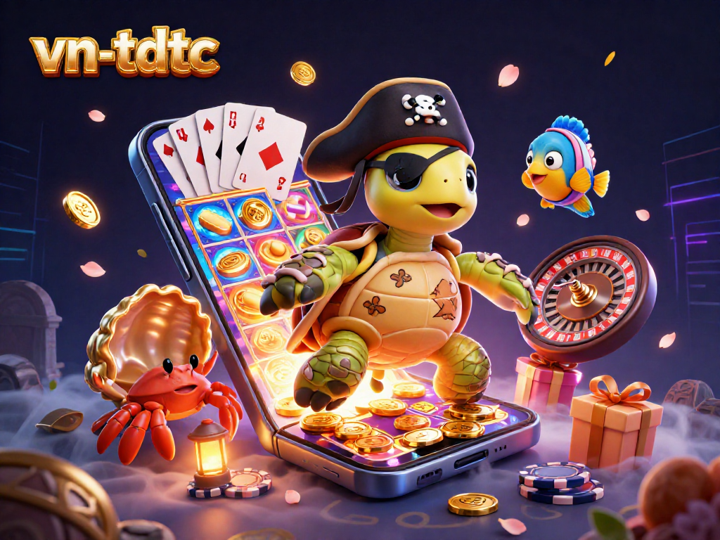 Engage with vn-tdtc's vibrant 3D cartoon casino illustration showcasing a pirate turtle and vibrant slot games.
