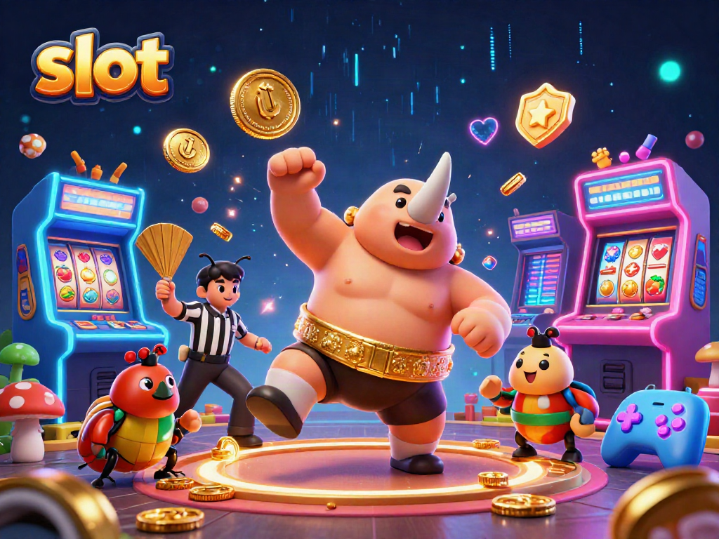 Spin the slot reels with a 3D cartoon rhinoceros beetle, sending golden coins flying in a vibrant casino scene.