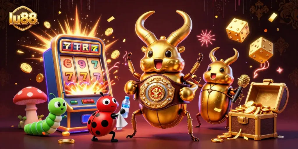 Experience exciting casino action with lu88 featuring a giant golden stag beetle champion amid vibrant game elements.
