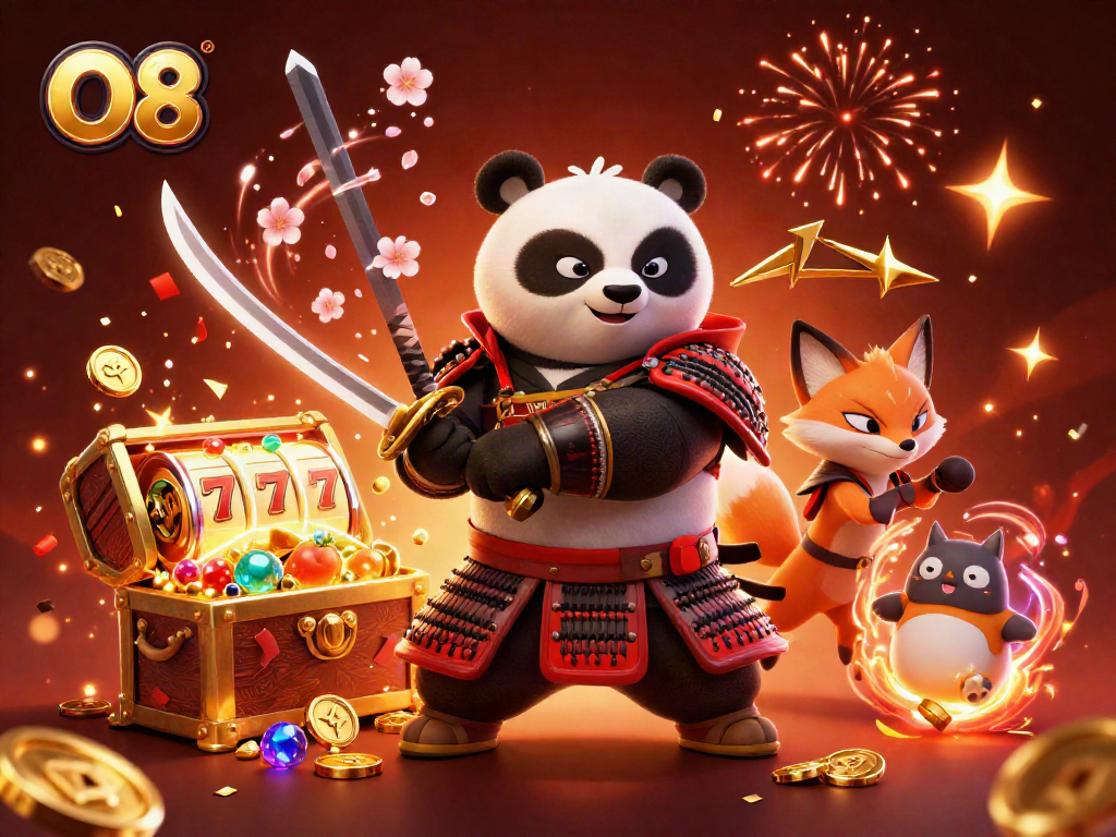 Experience thrilling gameplay in O8's vibrant casino with samurai panda and ninja fox.
