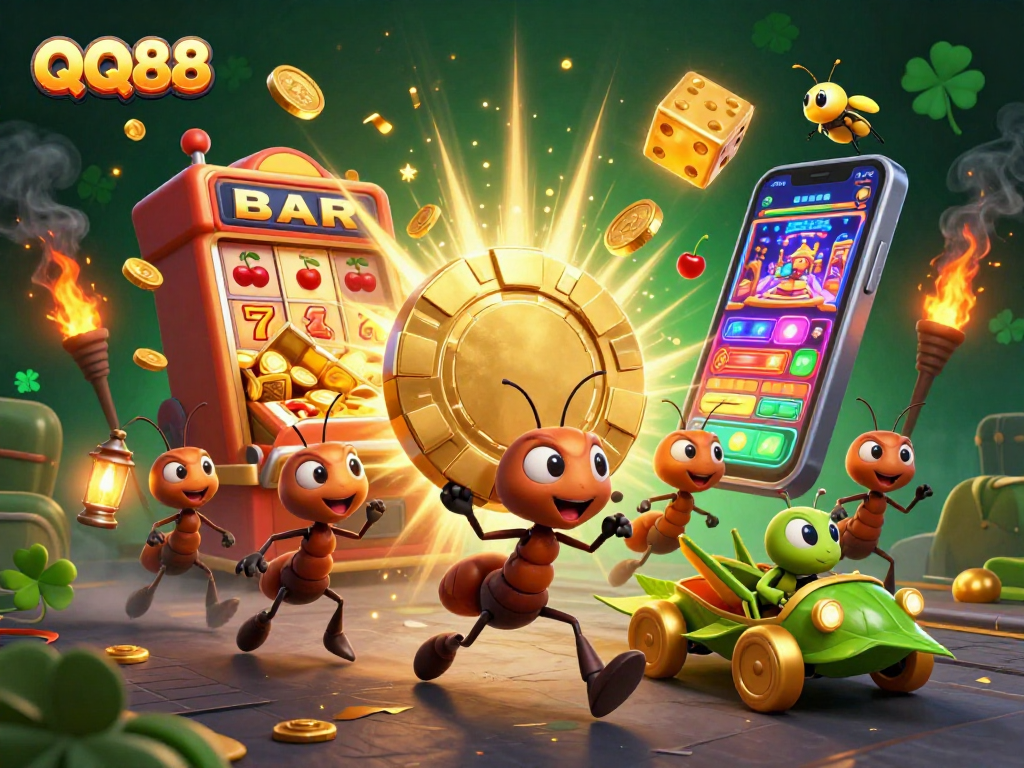Watch QQ88's playful team of ants in a lively heist scene amidst vibrant casino elements.