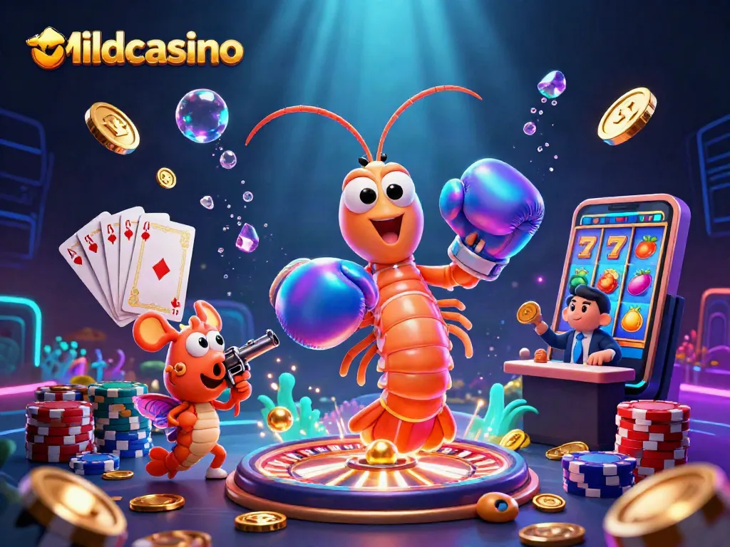 Mildcasino showcases an exciting scene with a cartoon mantis shrimp, coins, and vibrant elements demonstrating casino excitement.