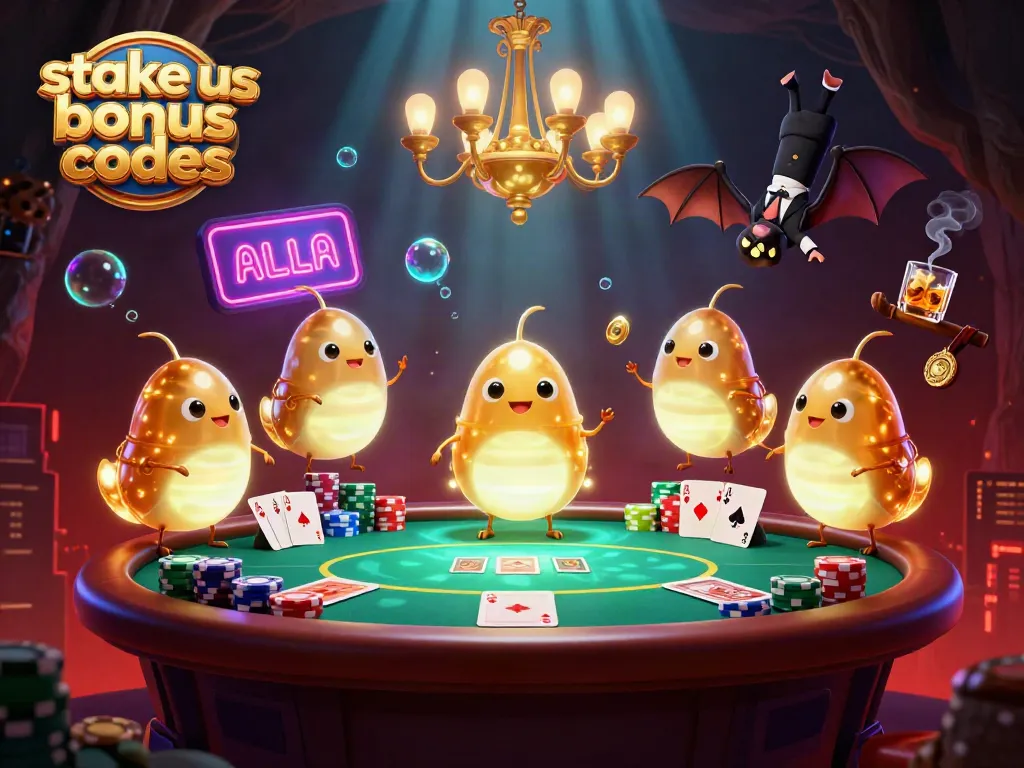 Play with stake us bonus codes in this vibrant 3D cartoon cave casino scene.