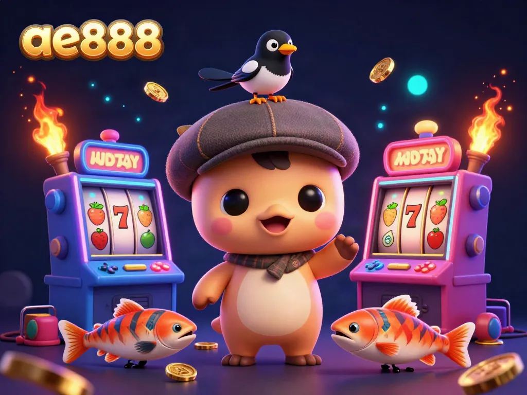 Spin the reels of ae888 with cartoon Nessie enjoying casino fun and games.