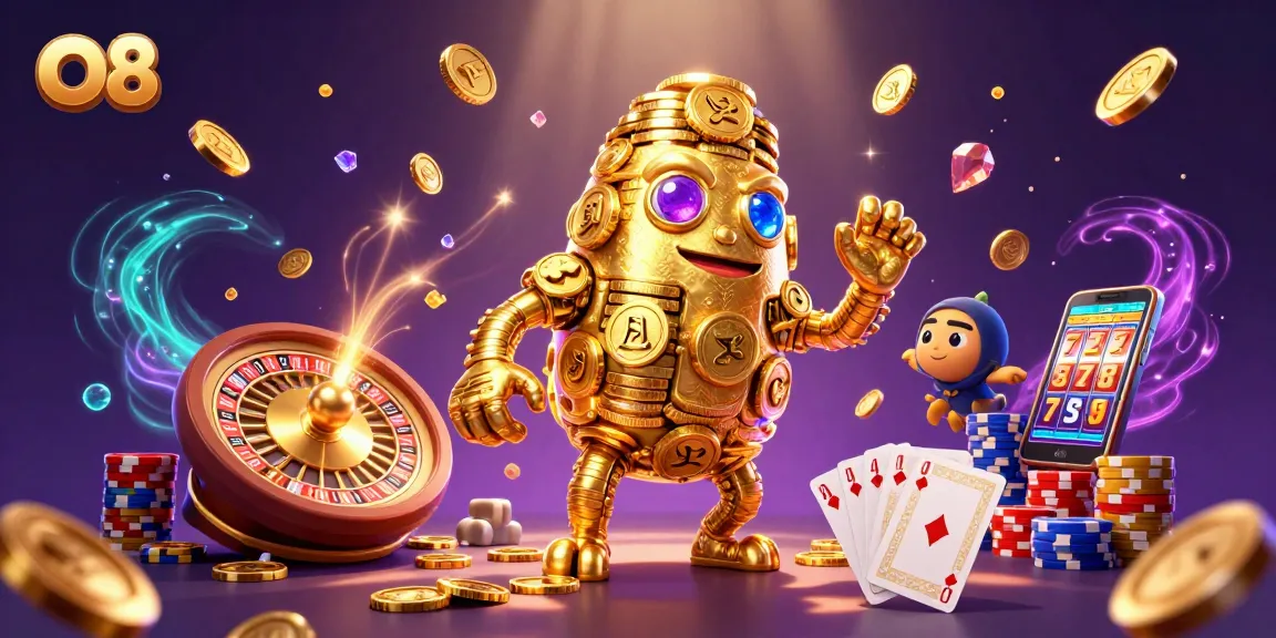 Engage in action with the O8 casino showcasing golden golem, jackpot reels, and royal flush cards.