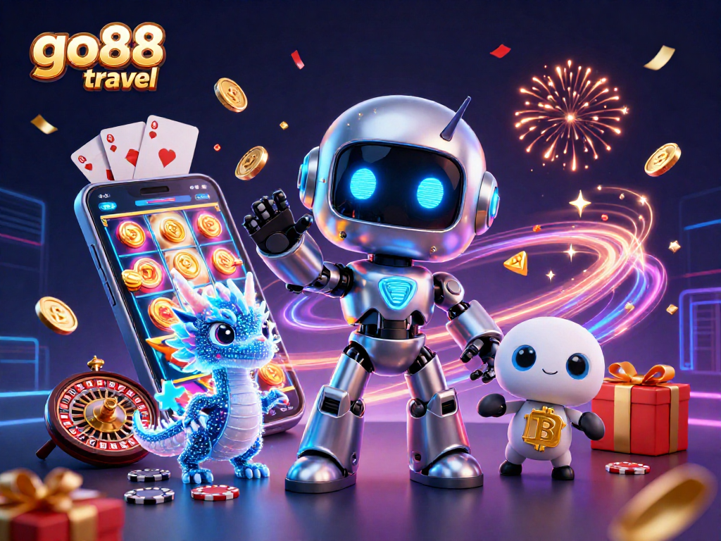 Chơi game casino thú vị tại go88 travel với robot 3D hiện đại và biểu tượng bitcoin.