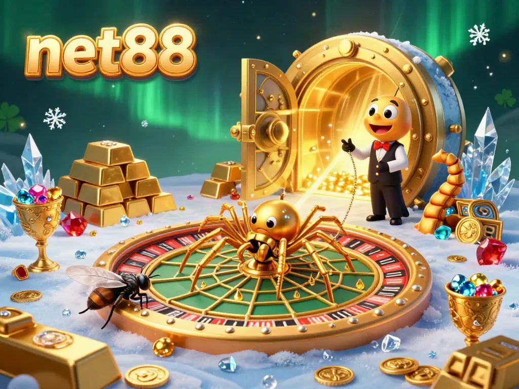 Experience thrilling casino action with net88's vibrant illustration featuring a roulette wheel web.