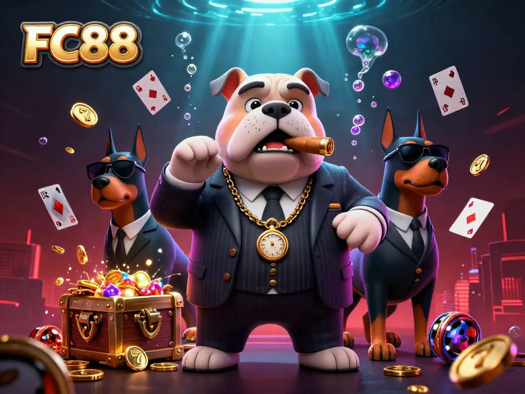 FC88 mafia boss dominates a rich casino scene, blending slots and treasure elements seamlessly.