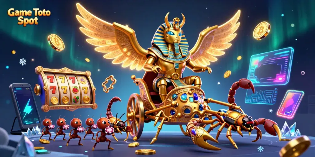 Visual menarik dari Game Toto Slot dengan scarab emas dan elemen perjudian.