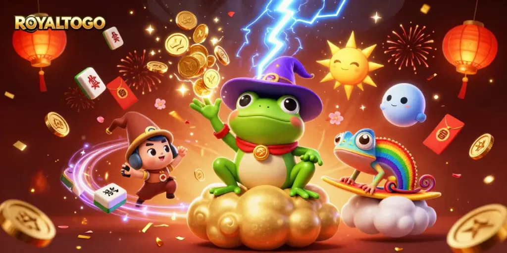 Experience explosive wins at ROYALTOTO with vibrant colors and charming characters in a dynamic casino scene.