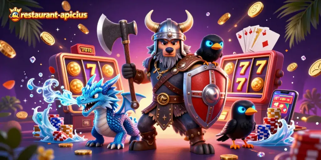 Engage with the thrill of casino gaming at restaurant-apicius, featuring a courageous Viking wolf warrior and lucky charm symbols.
